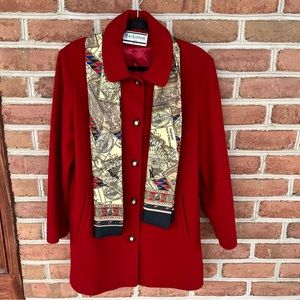 Red tailored vintage wool peacoat with matching scarf. Aprox size Medium